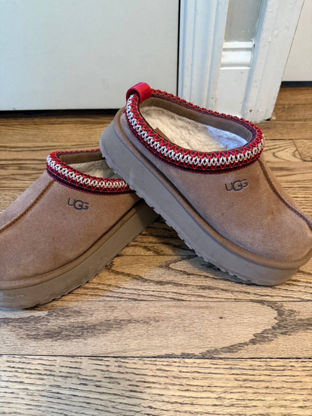 UGG Chestnut Suede Slip-On Clogs with Red Trim